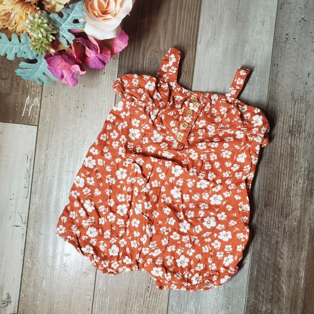 Carter's Baby Girl Rust Brown and White Floral Boho Romper Summer Outfit Size 9m